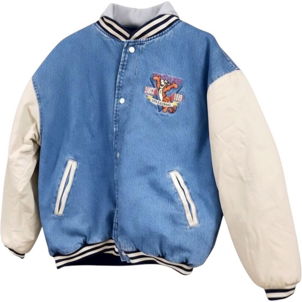 Disney Catalog Tigger Denim Varsity Jacket Mens L Blue Hooded Embroidered 90s